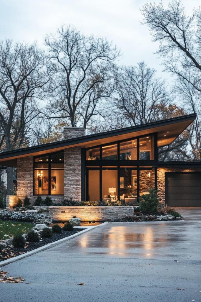 Modern stone house with large windows and inviting warm lights surrounded by trees in a serene setting.