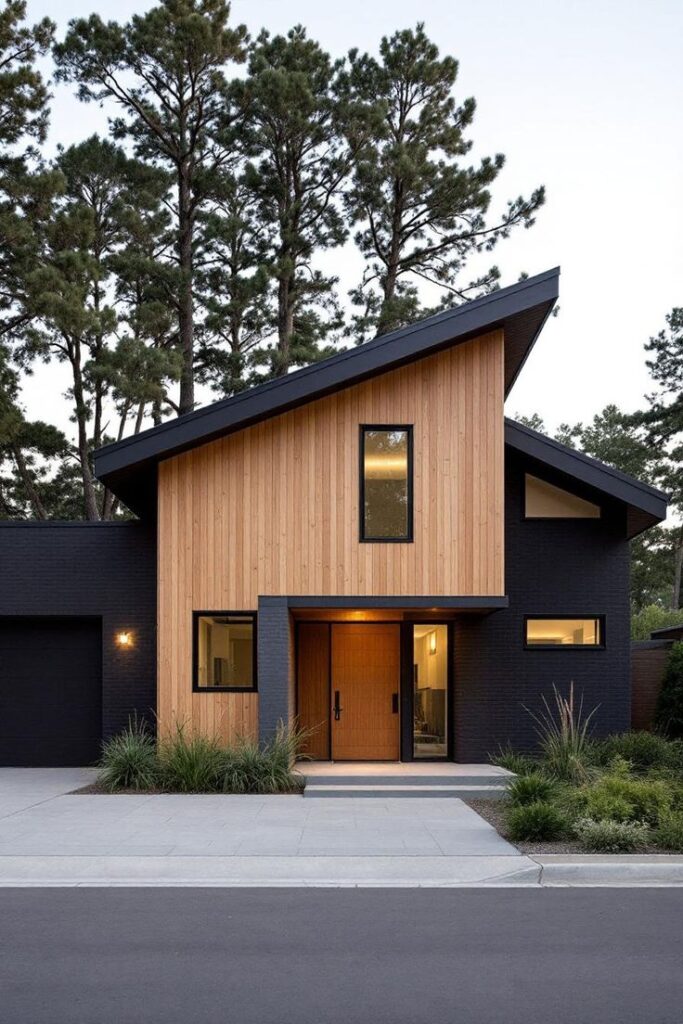Modern two-story house with wooden facade and black accents, surrounded by tall trees and greenery.