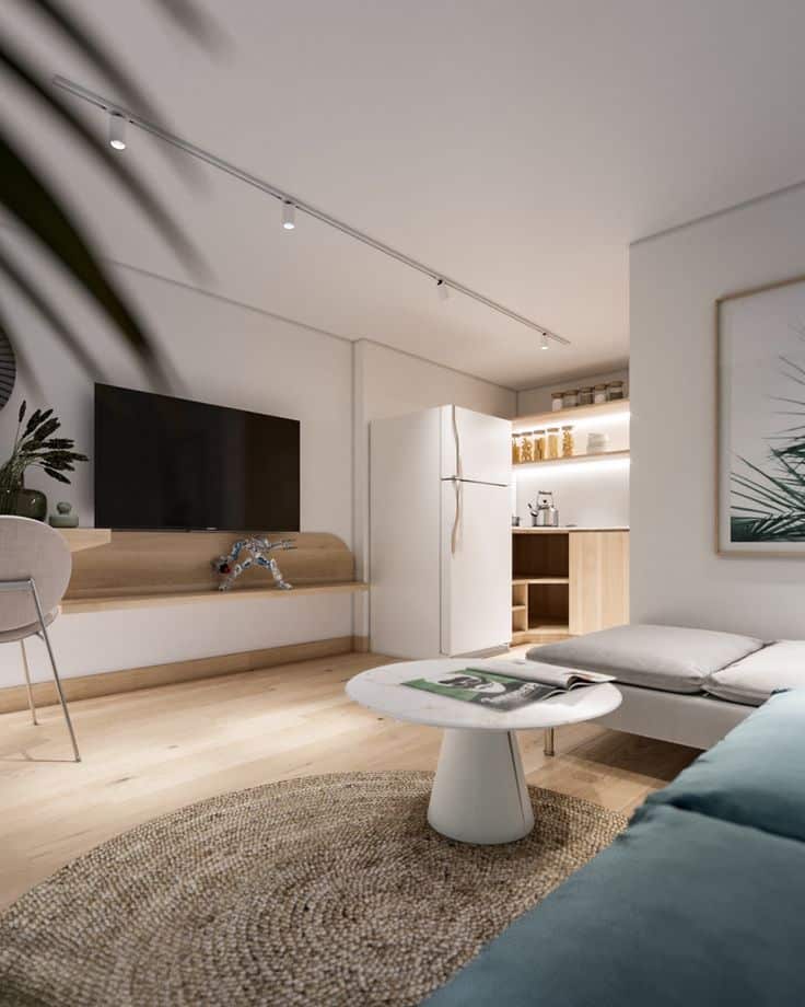 Modern minimalist living room with cozy seating, round rug, TV, and compact kitchen area. Elegant interior design.