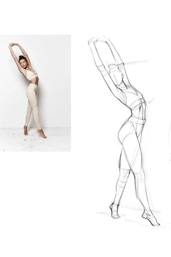 Dancer in beige outfit striking a pose with matching pencil sketch on the right.