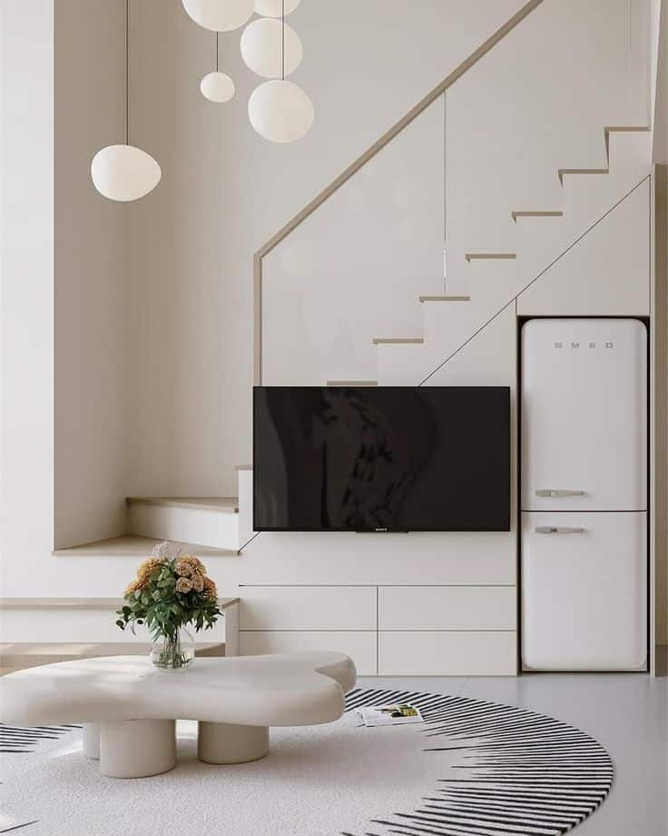 Modern minimalist living room with staircase, round table, flat-screen TV, SMEG fridge, and elegant pendant lights.