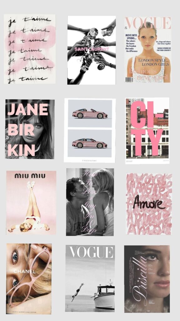 Collage of fashion magazine covers, vintage cars, and artistic typography with themes of love and style.