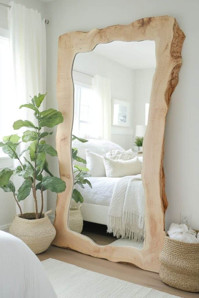 Rustic bedroom with large wood-framed mirror, green plant, and cozy bedding. Natural, serene interior decor.