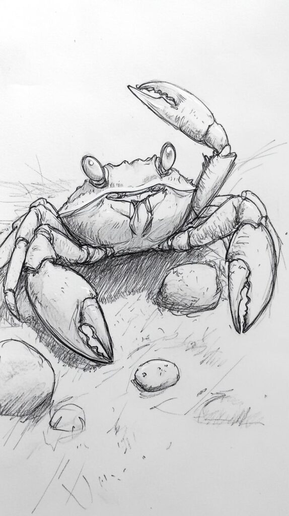 Black and white sketch of a crab on the beach with detailed claws and eyes.