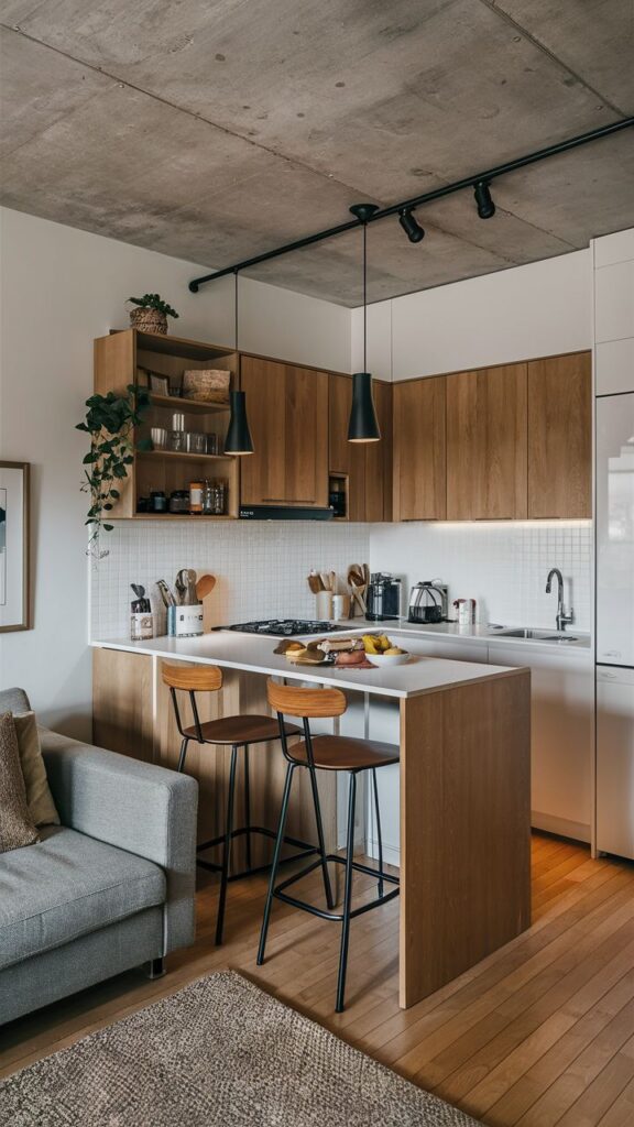 Modern kitchen with wooden cabinets, white countertop, and barstools, featuring minimalist decor and pendant lighting.