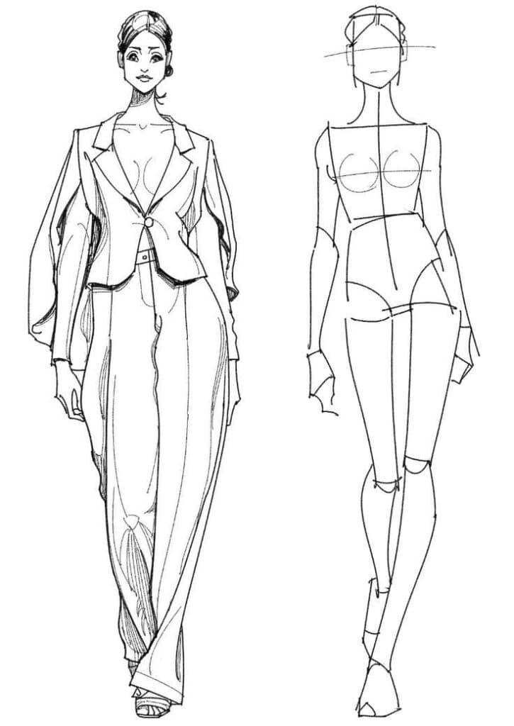 Fashion design sketches with tailored suit and basic figure outline, showcasing creativity and style.