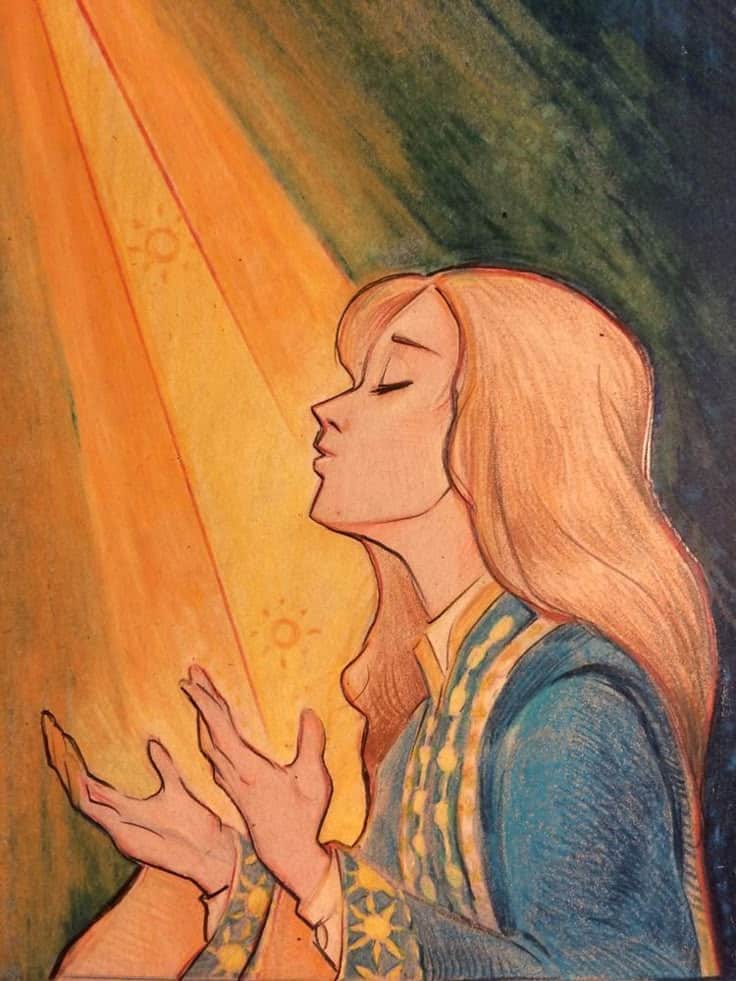 Illustration of a woman in blue praying, with warm light illuminating her face, symbolizing spirituality and peace.