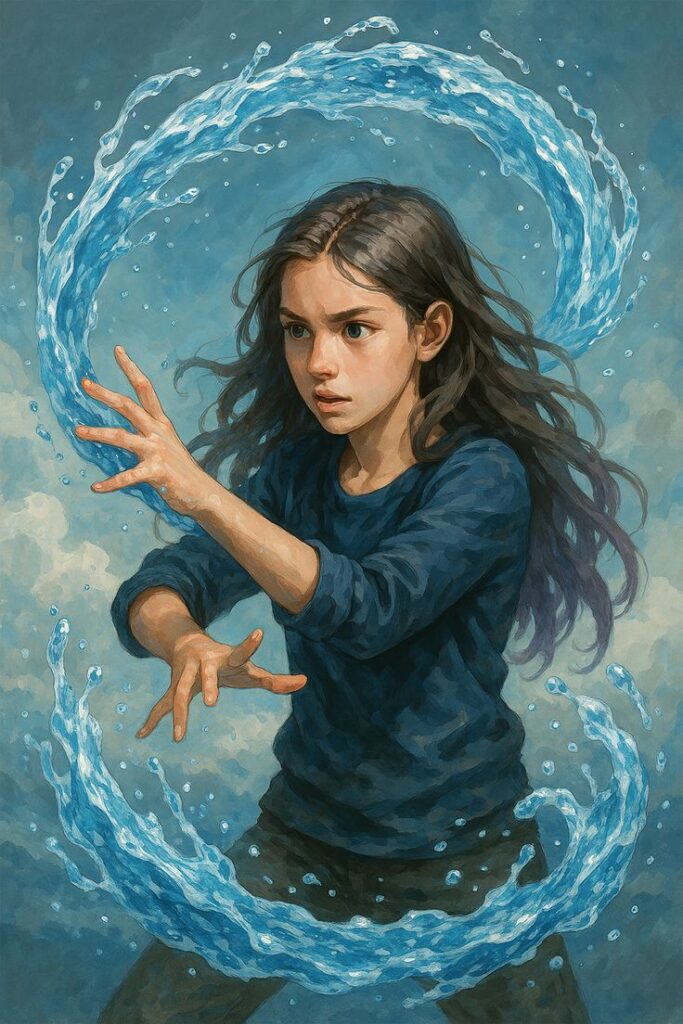Illustration of a young girl controlling swirling water with magical powers, set against a cloudy blue background.