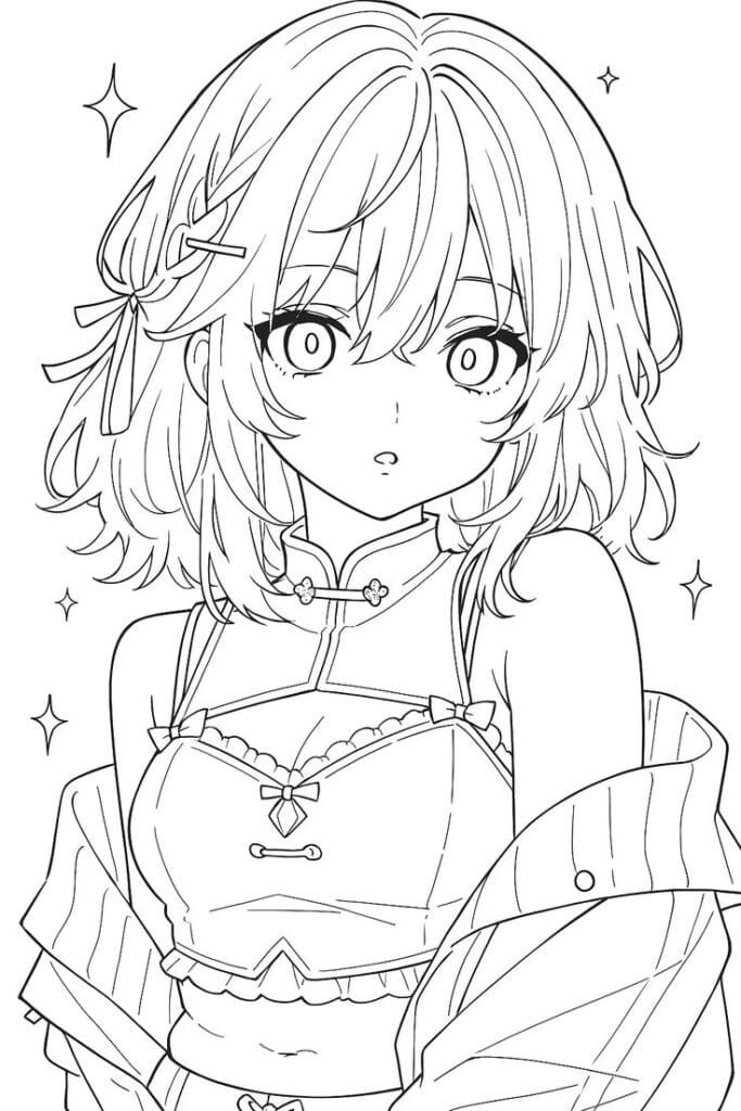 436177dd-6cb0-4f57-8acc-5e615c081ade Anime-style girl with short hair, wearing intricate clothing, looks surprised; black and white illustration. | Sky Rye Design Anime-style girl with short hair, wearing intricate clothing, looks surprised; black and white illustration.