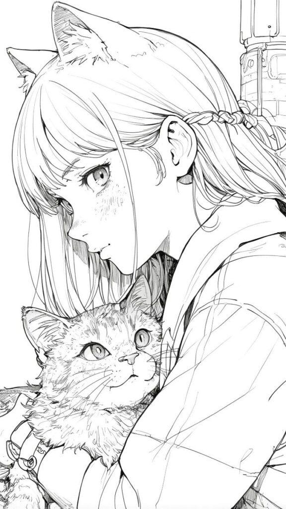Anime girl with cat ears holding a fluffy cat, detailed line art illustration.