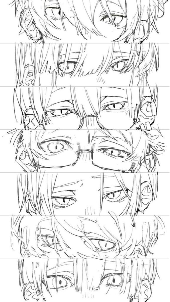 Anime-style sketches of various character eyes with glasses, showcasing different emotions and hairstyles.
