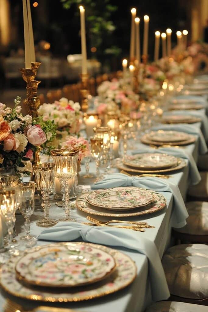Elegant table setting with candles, floral plates, and lush flower centerpieces at a formal dining event.
