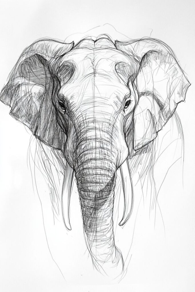 Sketch drawing of an elephant's face and tusks, showcasing intricate details and expressive lines.