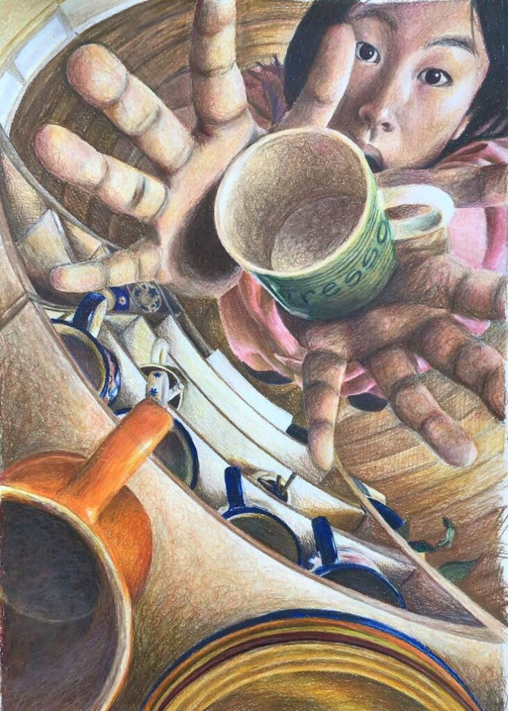 Illustration of a person reaching for a cup, viewed from inside a cabinet with colorful mugs.