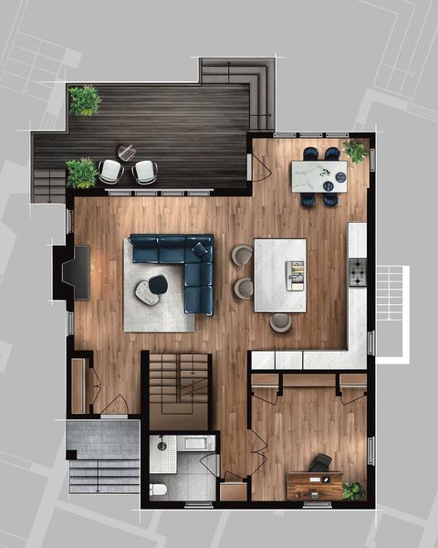 44abd9e5-4b09-43db-a90b-0728c8a08e97 Modern open-plan apartment floor plan with wooden flooring, balcony, and stylish living and dining areas. | Sky Rye Design Modern open-plan apartment floor plan with wooden flooring, balcony, and stylish living and dining areas.