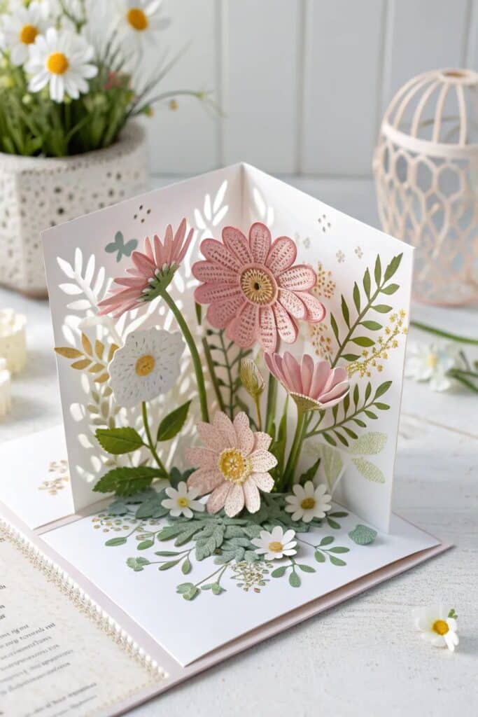 44bcdc7da93811e8218944609afbb2a7 Pop-up card with intricate floral design featuring pink and white flowers, perfect for special occasions or decor. | Sky Rye Design Pop-up card with intricate floral design featuring pink and white flowers, perfect for special occasions or decor.