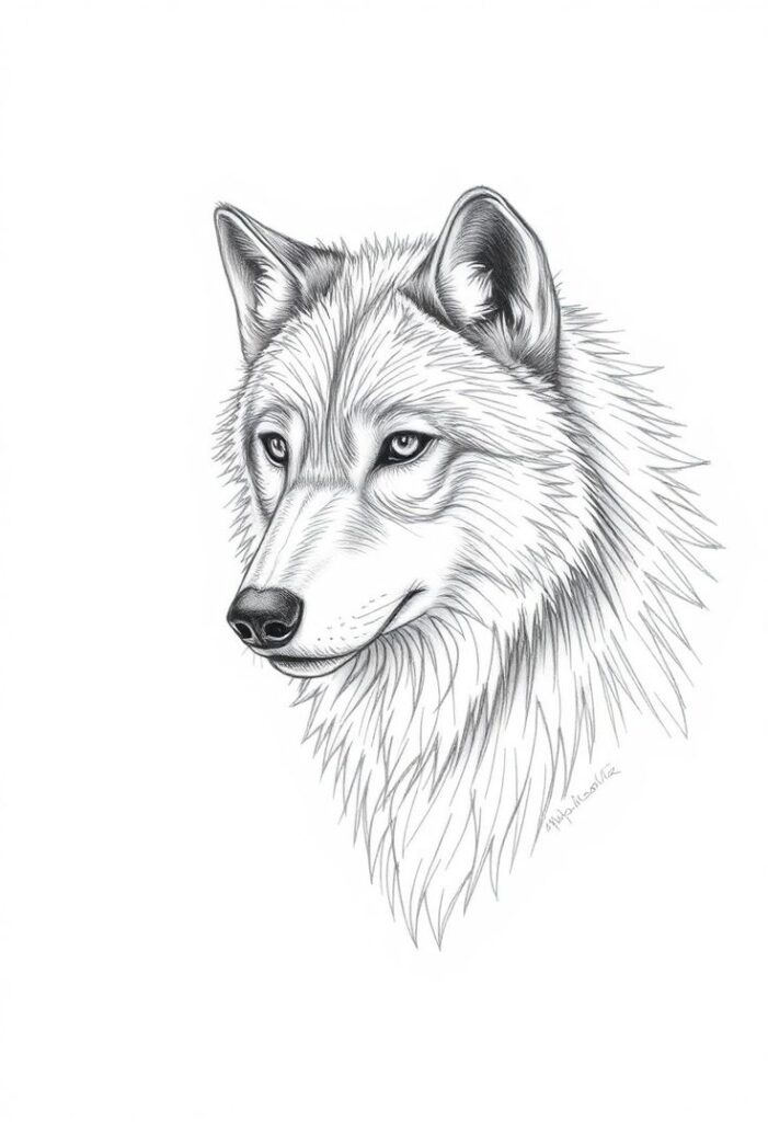 44cae9780edb6c0e14a74003ddf359ba Black and white sketch of a wolf's head, showing detailed fur and sharp eyes on a white background. | Sky Rye Design Black and white sketch of a wolf's head, showing detailed fur and sharp eyes on a white background.