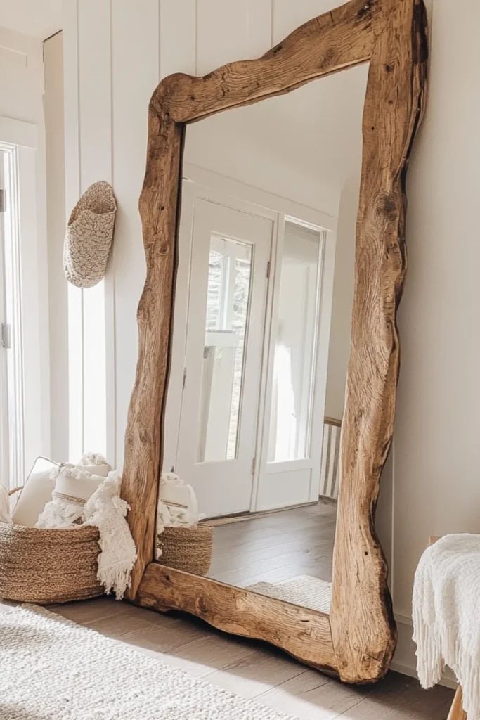 Rustic wooden frame mirror in a bright room with woven baskets and textured decor accents.