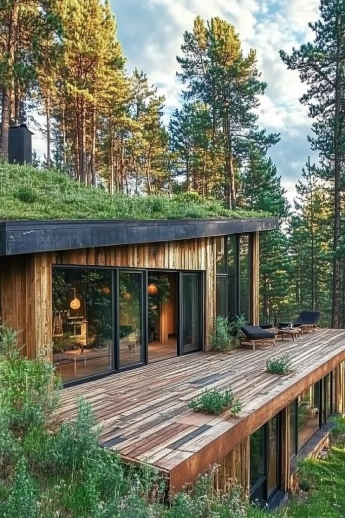Modern eco-friendly cabin with green roof and wooden deck in a forest setting, under a blue sky.