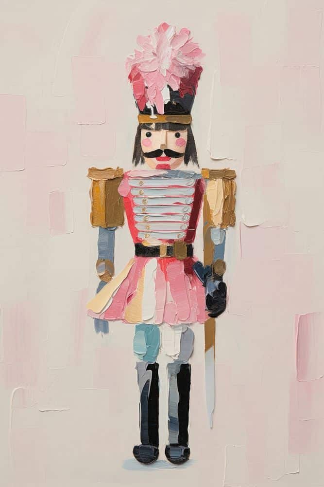 Colorful abstract painting of a soldier with a feathered hat and mustache, set against a pastel background.
