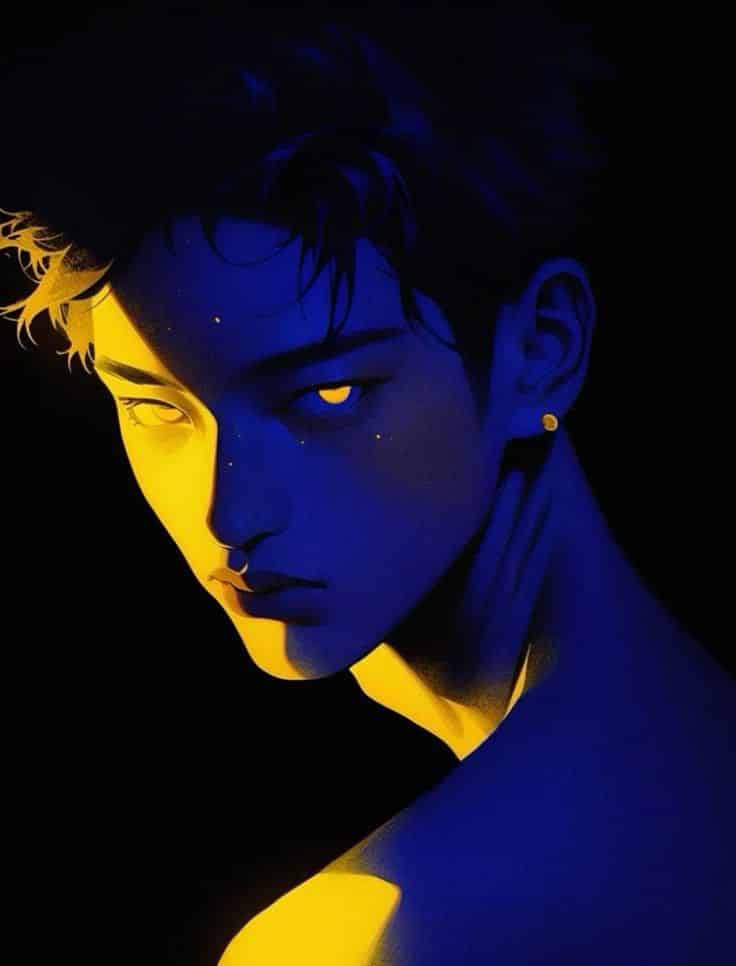 Dramatic blue and yellow portrait of a person with striking lighting and intense gaze, emphasizing contrast and mood.