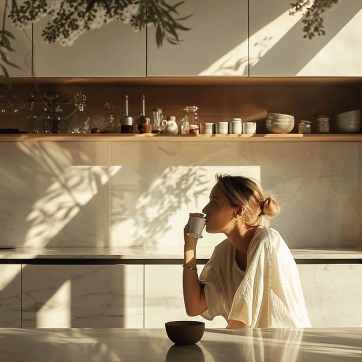 46 Essential Elements Of A Breathtaking Minimalist Kitchen - Edward George Woman enjoying morning coffee in sunlit minimalist kitchen with shadows on marble counters. | Sky Rye Design Woman enjoying morning coffee in sunlit minimalist kitchen with shadows on marble counters.