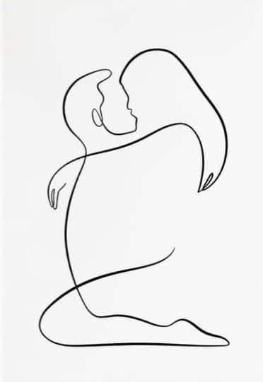 Line art of a couple embracing, forming a heart shape, symbolizing love and connection. Minimalist style illustration.
