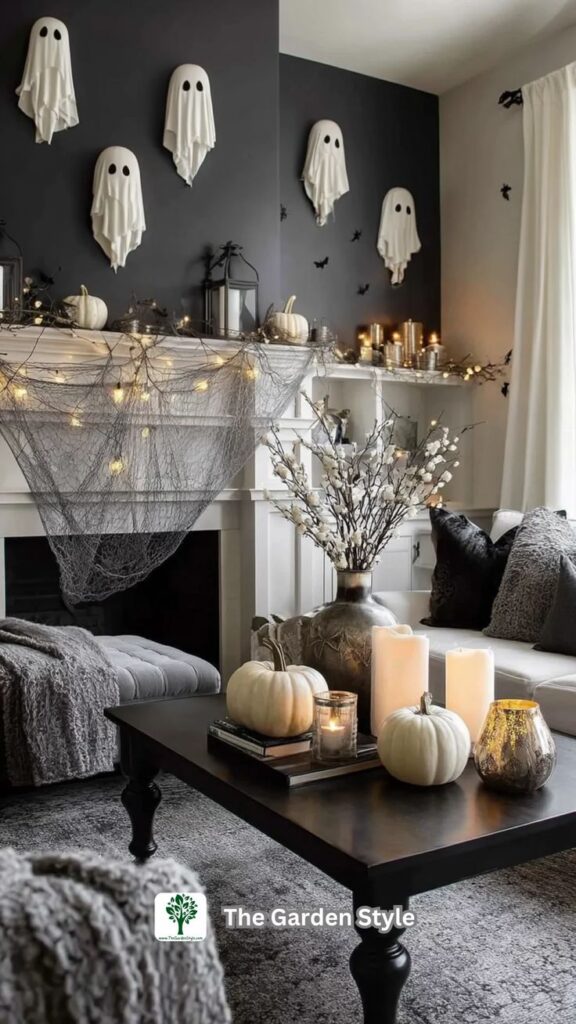 Chic Halloween living room decor with ghost wall art, pumpkins, candles, and a cozy gray theme for a festive ambiance.