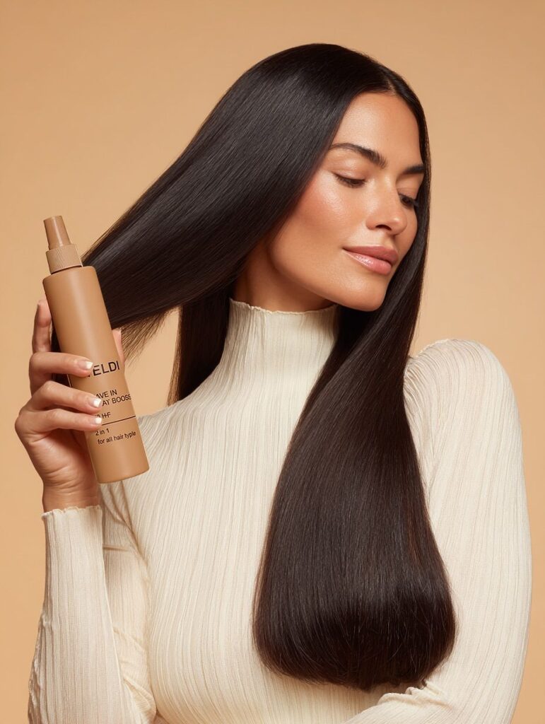 Woman with sleek hair holding hair care product in a beige setting.