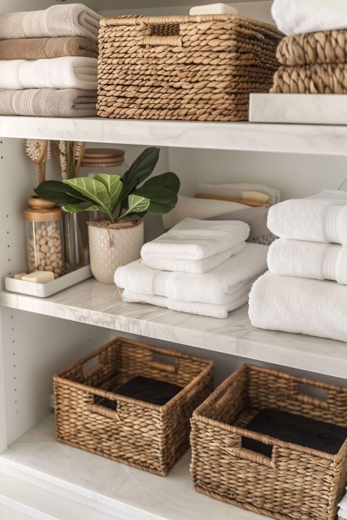 48e6d210-91c5-4610-8c35-125448eb5a60 Organized linen closet with white towels, wicker baskets, and potted plant for a fresh, tidy look. | Sky Rye Design Organized linen closet with white towels, wicker baskets, and potted plant for a fresh, tidy look.