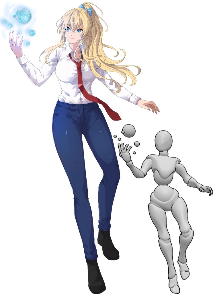 Anime girl with long blonde hair casting magic alongside a figure sketch on a white background.