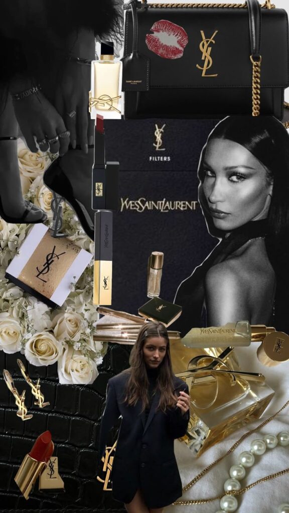 49bac43b-7314-4483-b864-a3c8ce9da6b1 Yves Saint Laurent luxury fashion collage with bags, perfumes, lipsticks, and a model in a stylish outfit. | Sky Rye Design Yves Saint Laurent luxury fashion collage with bags, perfumes, lipsticks, and a model in a stylish outfit.