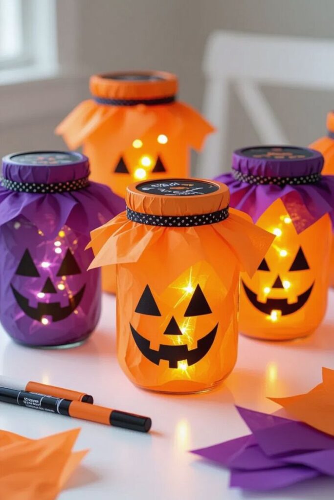 4aafe47ef1ca56722106bf13a8eaca93 Halloween-themed mason jars with glowing jack-o'-lantern faces and orange, purple decor. | Sky Rye Design Halloween-themed mason jars with glowing jack-o'-lantern faces and orange, purple decor.