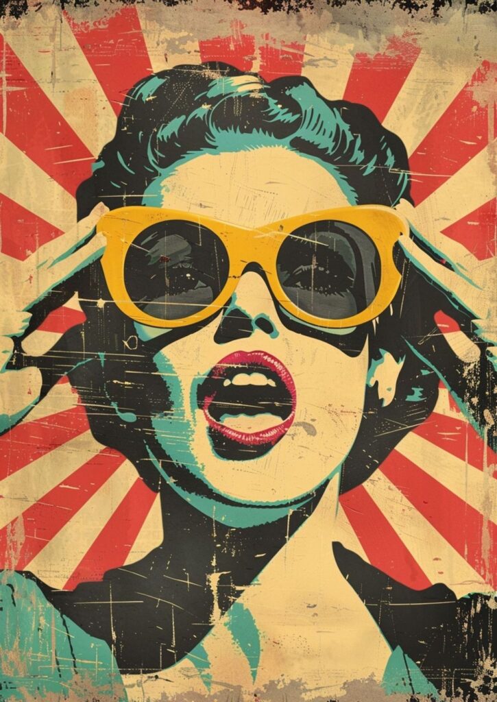 Retro pop art woman with yellow sunglasses, red lips, and a background of red rays. Vibrant and bold vintage style.
