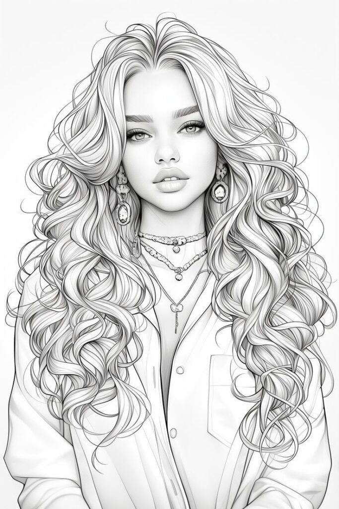 Illustrated woman with long, voluminous hair and elegant jewelry, wearing a stylish shirt, black and white drawing.