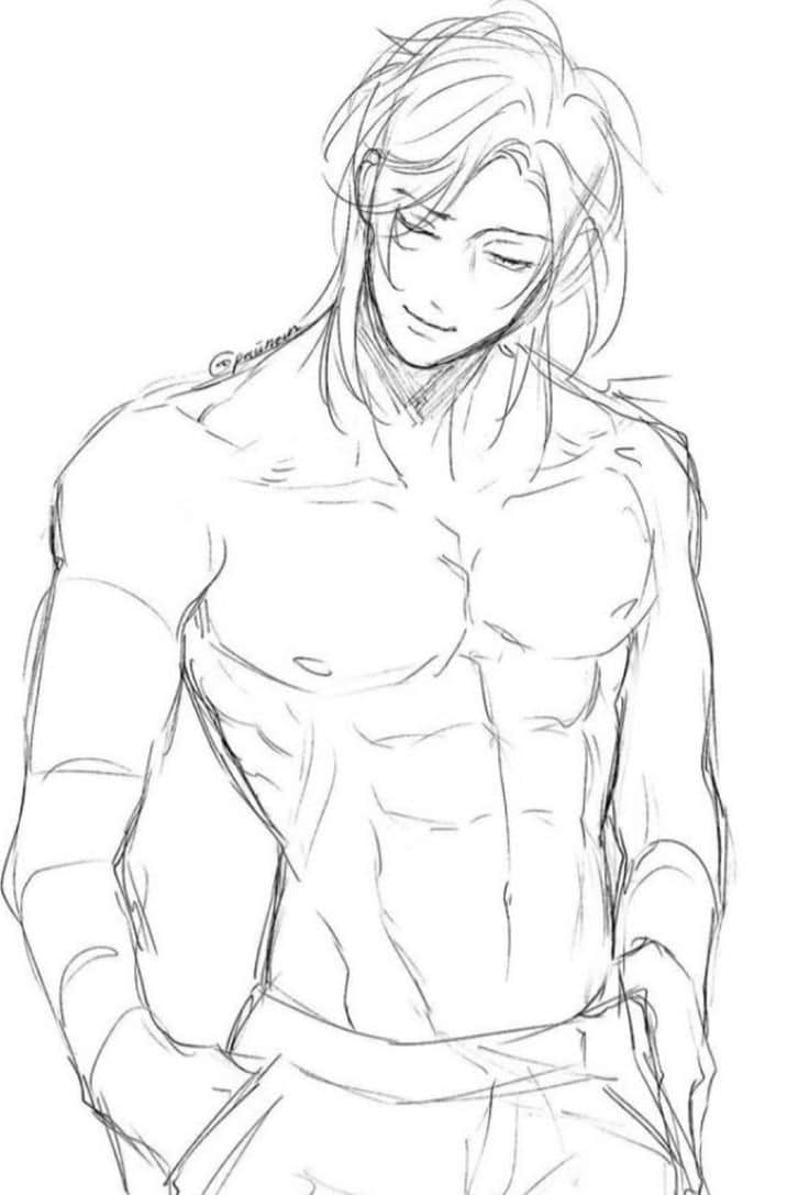 Sketch of a muscular, long-haired anime character with hands in pockets, exuding confidence.