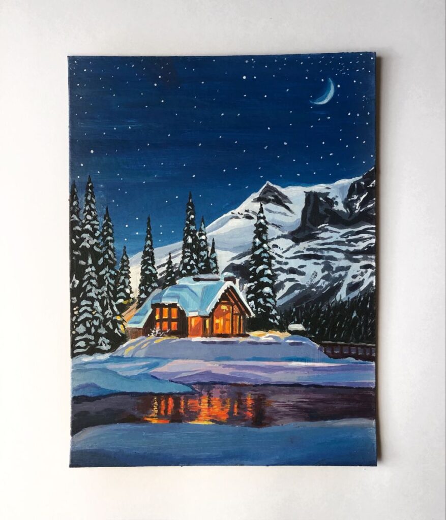 Cozy cabin in snowy mountains under a starry night sky with crescent moon and pine trees reflecting in a serene lake.