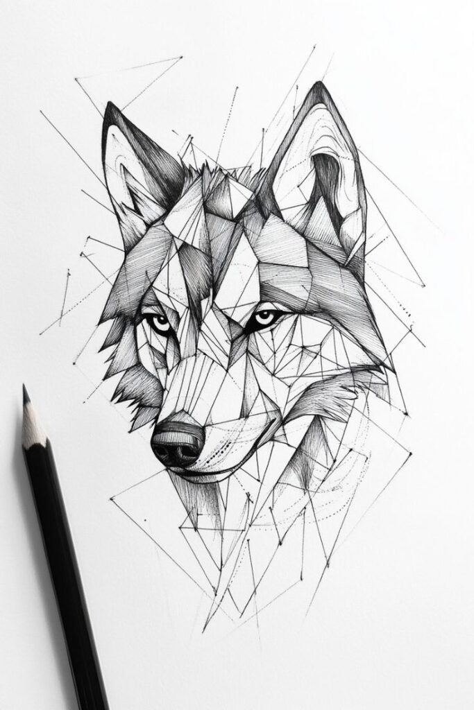 4dbadeb2ad34429d237da1bed0073ba1 Geometric sketch of a wolf’s head, drawn with pencil, showcasing abstract polygonal design. | Sky Rye Design Geometric sketch of a wolf’s head, drawn with pencil, showcasing abstract polygonal design.
