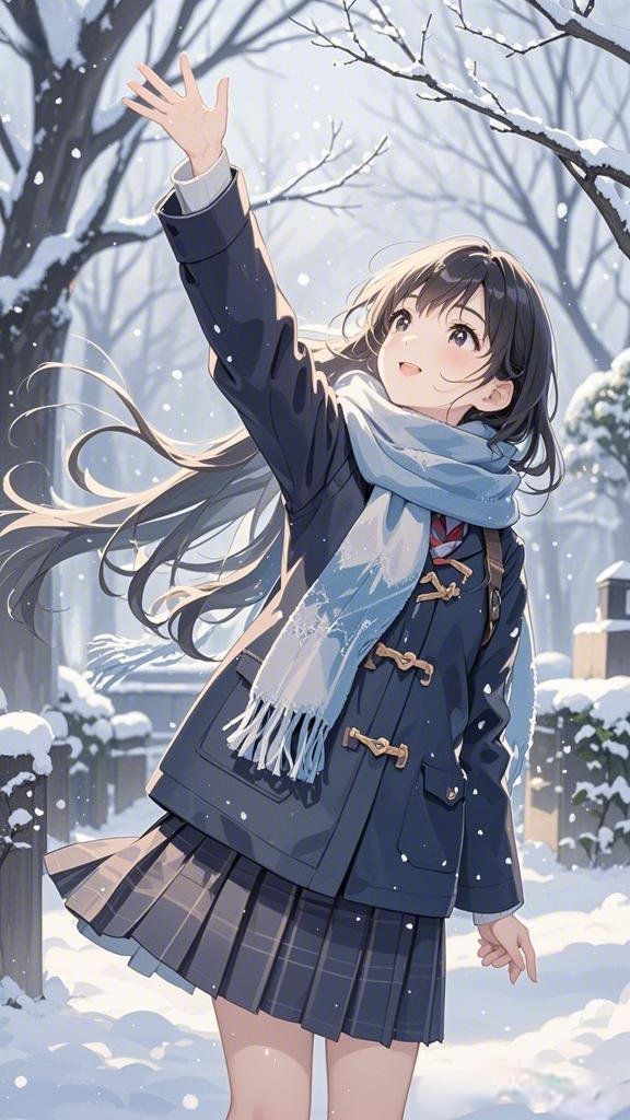 Anime girl in winter coat and scarf reaching for snowflakes in a snowy scene, surrounded by bare trees.