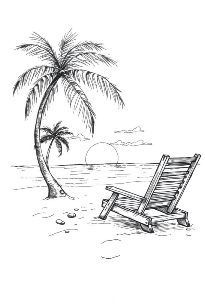 Illustrated beach scene with palm trees, a lounge chair, and a sunset over the ocean. Relaxing tropical vibe.