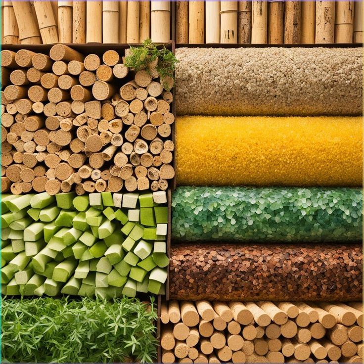 Colorful arrangement of various natural materials in organized sections, showcasing textures and earthy tones.