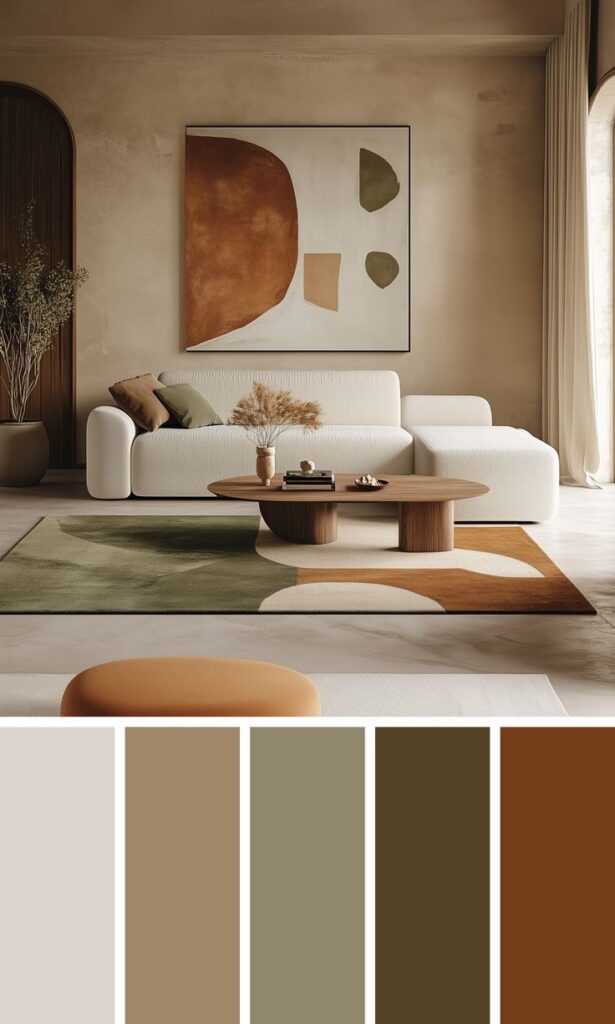 Modern living room with abstract art, neutral tones, white sofa, and wooden coffee table. Cozy and stylish interior design.
