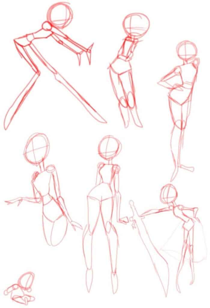 Rough figure sketches in various poses for art practice and anatomy study.