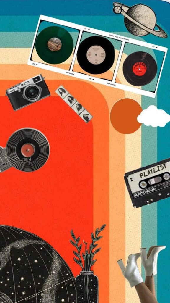 Retro collage with vinyl records, camera, cassette, and space elements on a colorful background. Vintage vibe.