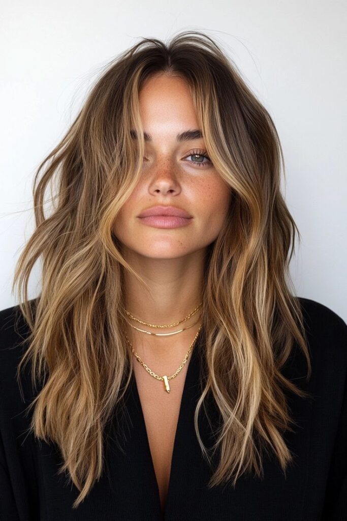Woman with wavy, layered light brown hair and gold necklaces against a simple background.