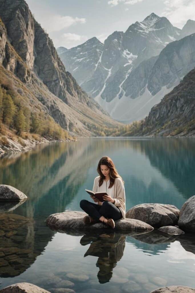 Woman reading by a serene mountain lake, surrounded by majestic peaks and clear reflections.