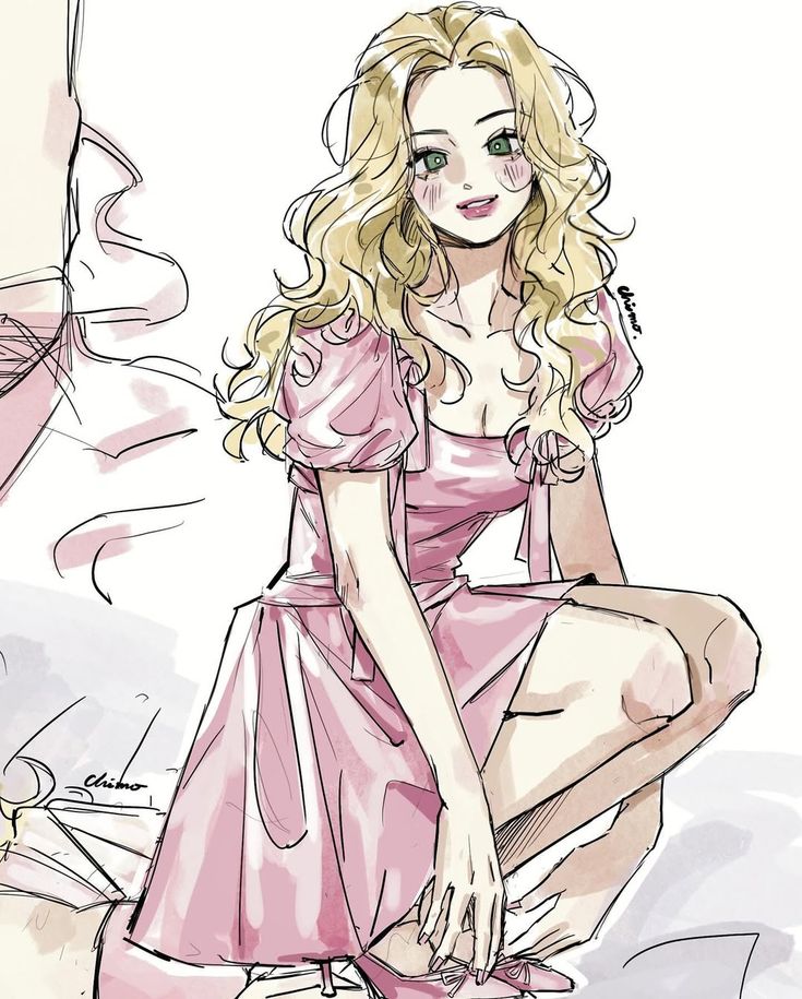 Anime girl with blonde hair and green eyes wearing a pink dress, sitting and smiling.