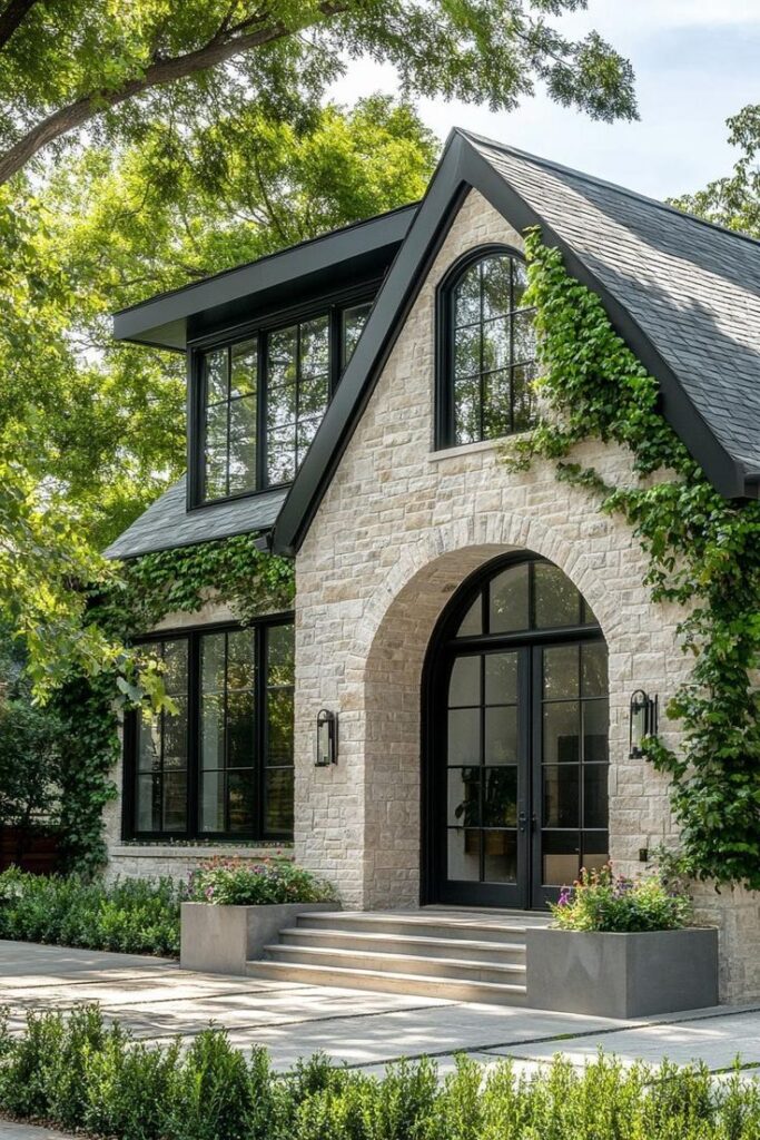 Elegant two-story stone house with ivy, large arched windows, lush greenery, and modern black-framed entry.