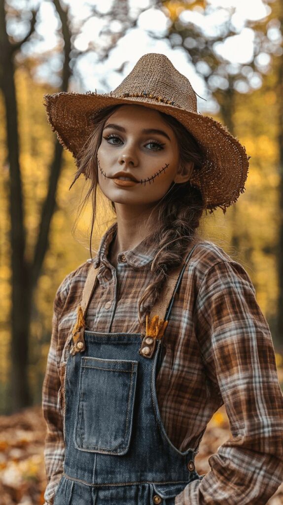 Woman in scarecrow costume with straw hat and plaid shirt during autumn, showcasing fall fashion in a forest setting.