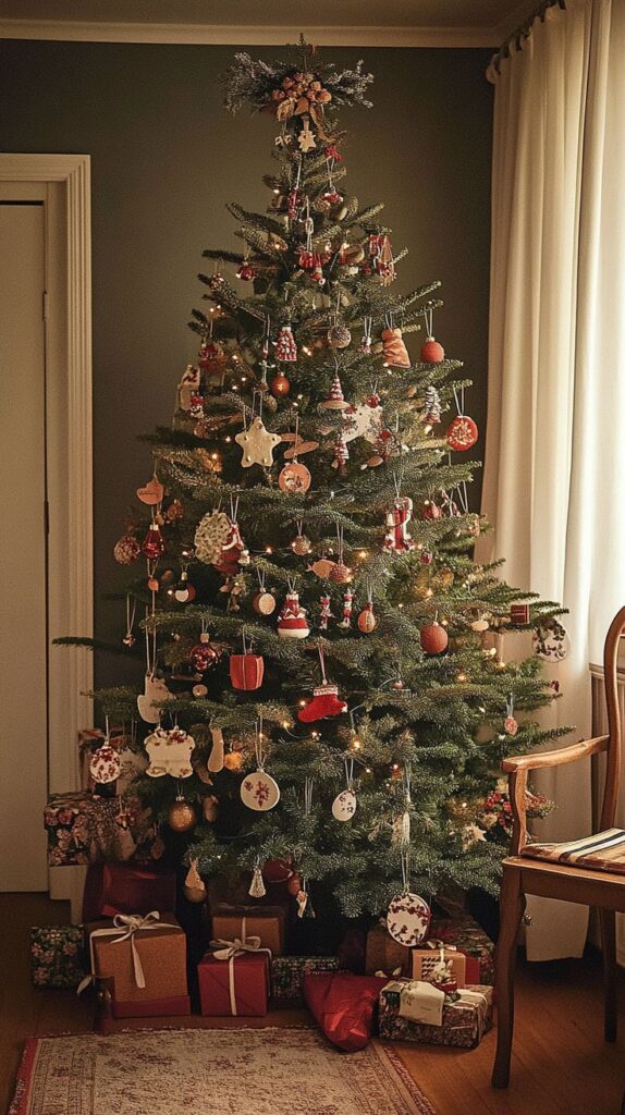 Beautifully decorated Christmas tree with lights and ornaments, surrounded by wrapped gifts in a cozy living room.